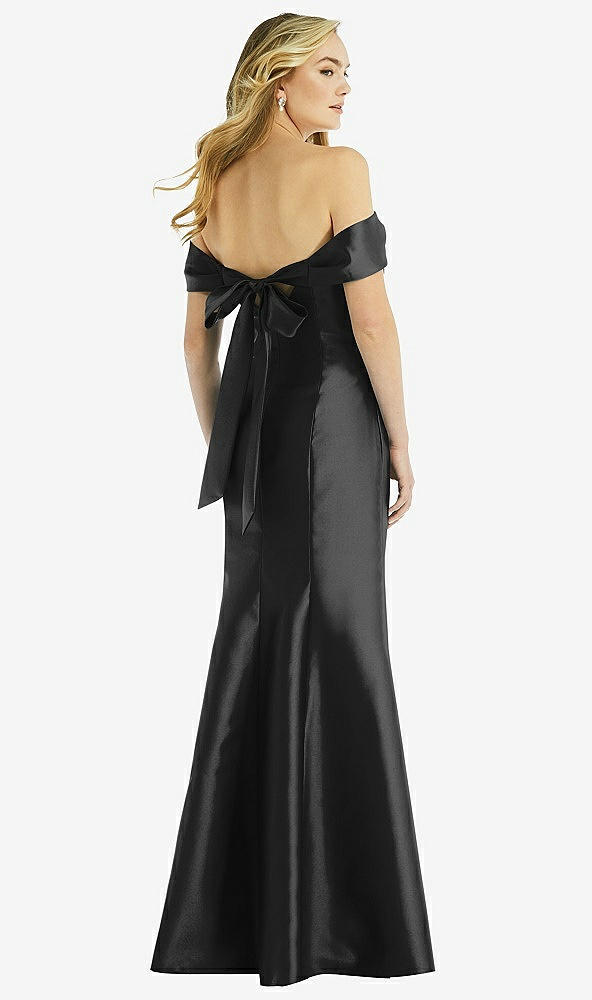 Back View - Black Off-the-Shoulder Bow-Back Satin Trumpet Gown