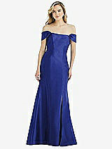 Side View Thumbnail - Cobalt Blue Off-the-Shoulder Bow-Back Satin Trumpet Gown