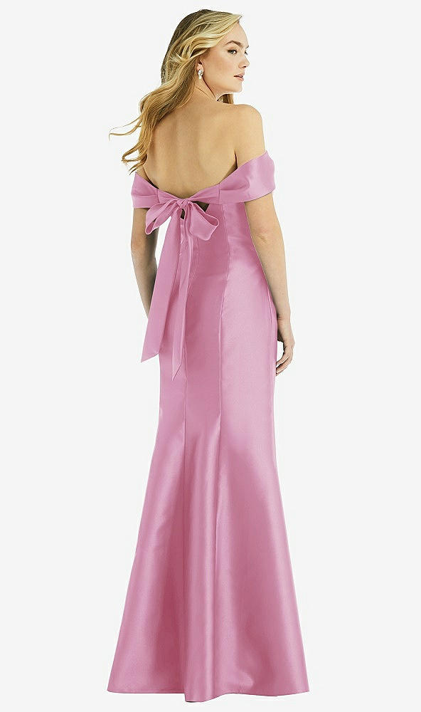 Back View - Powder Pink Off-the-Shoulder Bow-Back Satin Trumpet Gown