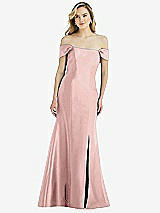 Side View Thumbnail - Rose - PANTONE Rose Quartz Off-the-Shoulder Bow-Back Satin Trumpet Gown