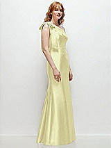 Rear View Thumbnail - Butter Yellow Bow One-Shoulder Satin Trumpet Gown