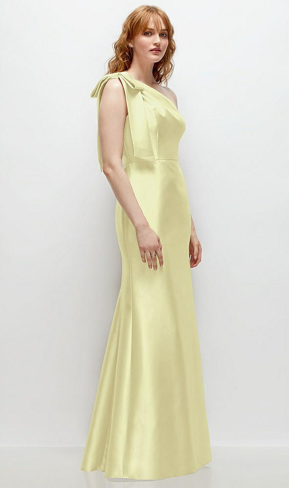 Back View - Butter Yellow Bow One-Shoulder Satin Trumpet Gown