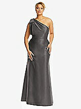 Alt View 4 Thumbnail - Caviar Gray Bow One-Shoulder Satin Trumpet Gown