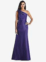 Alt View 1 Thumbnail - Grape Bow One-Shoulder Satin Trumpet Gown