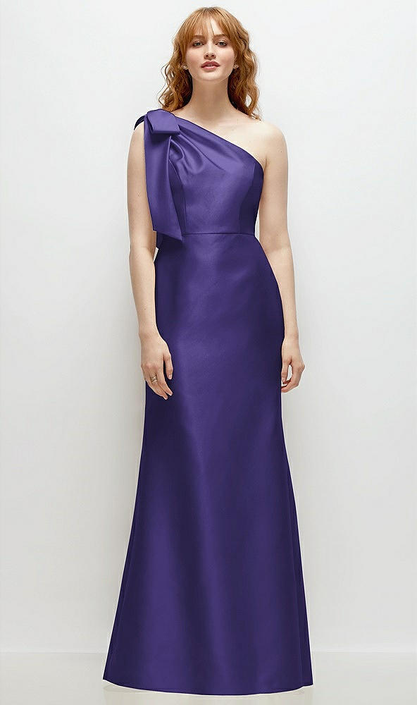 Front View - Grape Bow One-Shoulder Satin Trumpet Gown