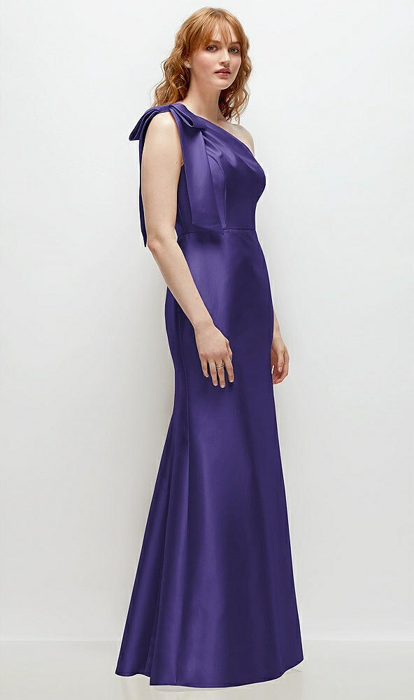 Back View - Grape Bow One-Shoulder Satin Trumpet Gown