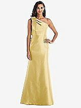 Alt View 1 Thumbnail - Maize Bow One-Shoulder Satin Trumpet Gown