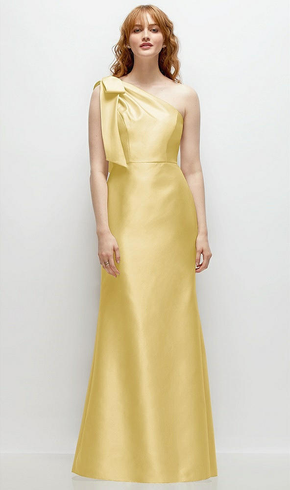 Front View - Maize Bow One-Shoulder Satin Trumpet Gown