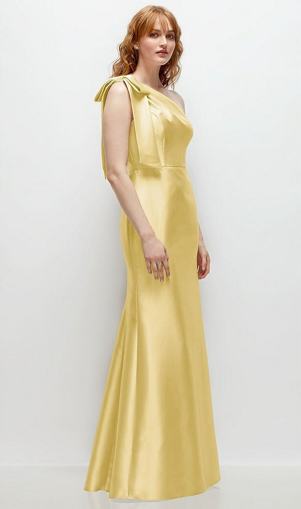 Back View - Maize Bow One-Shoulder Satin Trumpet Gown