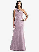 Alt View 1 Thumbnail - Suede Rose Bow One-Shoulder Satin Trumpet Gown