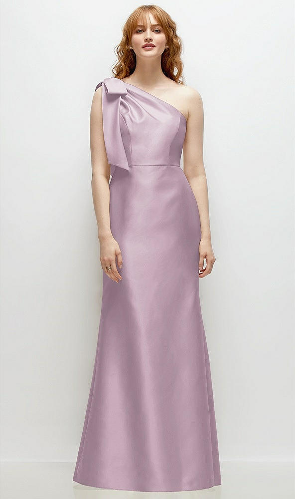 Front View - Suede Rose Bow One-Shoulder Satin Trumpet Gown