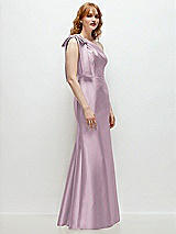 Rear View Thumbnail - Suede Rose Bow One-Shoulder Satin Trumpet Gown