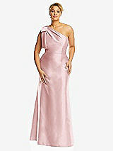 Alt View 4 Thumbnail - Ballet Pink Bow One-Shoulder Satin Trumpet Gown