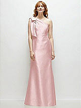 Front View Thumbnail - Ballet Pink Bow One-Shoulder Satin Trumpet Gown