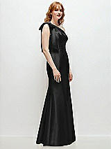 Rear View Thumbnail - Black Bow One-Shoulder Satin Trumpet Gown