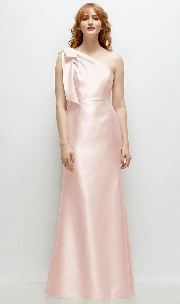 Front View - Blush Bow One-Shoulder Satin Trumpet Gown