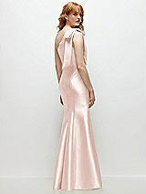 Side View Thumbnail - Blush Bow One-Shoulder Satin Trumpet Gown