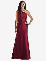 Alt View 1 Thumbnail - Burgundy Bow One-Shoulder Satin Trumpet Gown