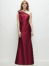 Front View Thumbnail - Burgundy Bow One-Shoulder Satin Trumpet Gown