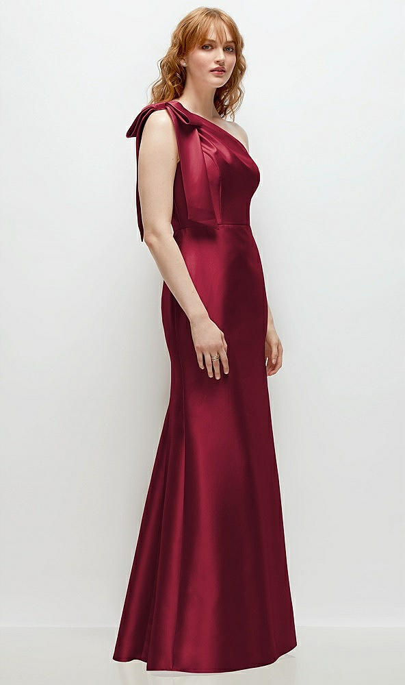 Back View - Burgundy Bow One-Shoulder Satin Trumpet Gown