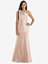 Alt View 1 Thumbnail - Cameo Bow One-Shoulder Satin Trumpet Gown