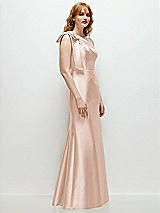 Rear View Thumbnail - Cameo Bow One-Shoulder Satin Trumpet Gown