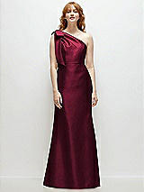 Front View Thumbnail - Cabernet Bow One-Shoulder Satin Trumpet Gown