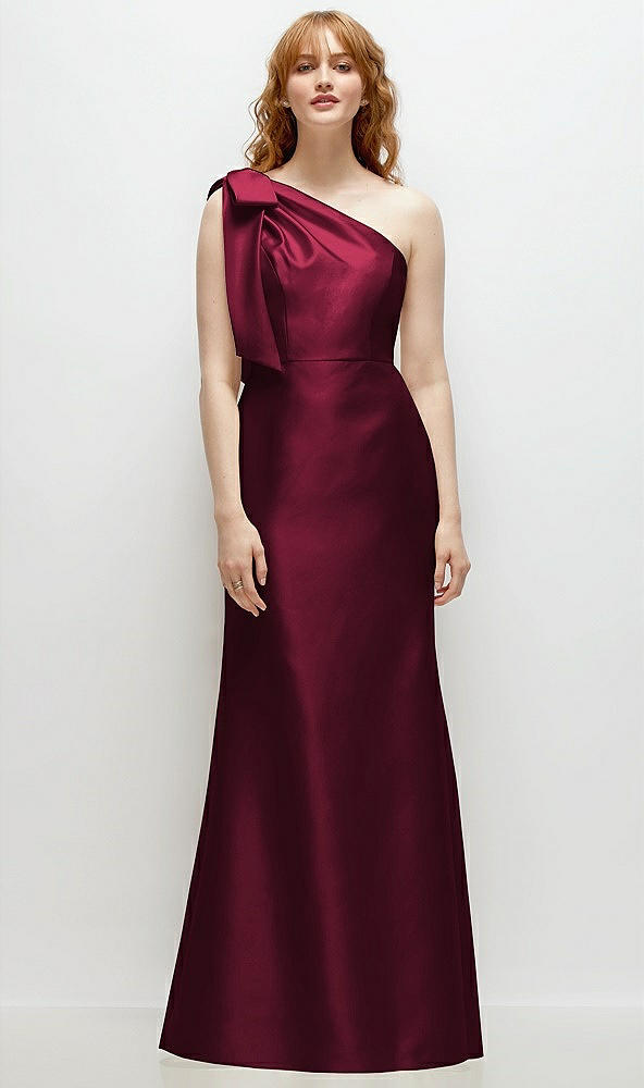 Front View - Cabernet Bow One-Shoulder Satin Trumpet Gown