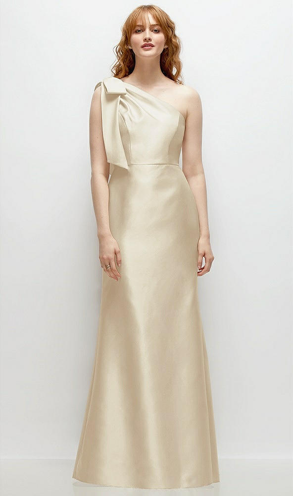 Front View - Champagne Bow One-Shoulder Satin Trumpet Gown