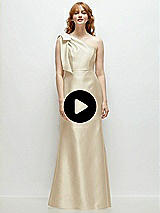 Video 1 Thumbnail - Champagne Bow One-Shoulder Satin Trumpet Gown