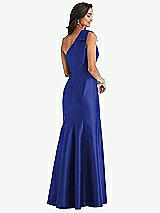 Alt View 2 Thumbnail - Cobalt Blue Bow One-Shoulder Satin Trumpet Gown