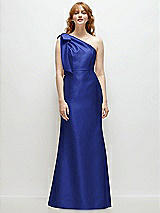 Front View Thumbnail - Cobalt Blue Bow One-Shoulder Satin Trumpet Gown