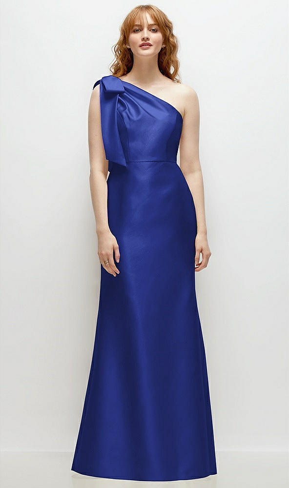 Front View - Cobalt Blue Bow One-Shoulder Satin Trumpet Gown