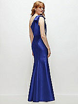 Side View Thumbnail - Cobalt Blue Bow One-Shoulder Satin Trumpet Gown