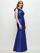 Rear View Thumbnail - Cobalt Blue Bow One-Shoulder Satin Trumpet Gown