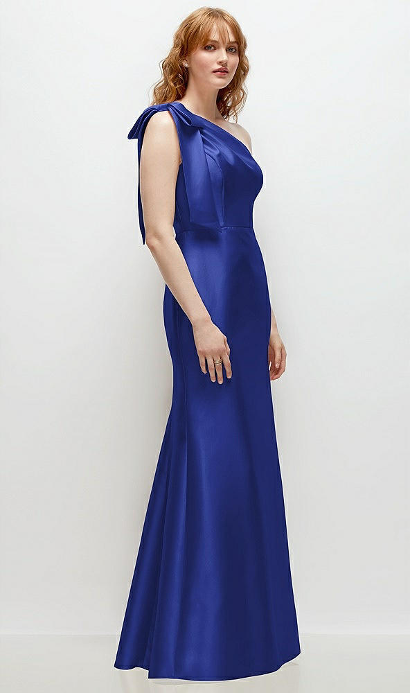 Back View - Cobalt Blue Bow One-Shoulder Satin Trumpet Gown