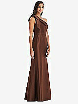 Alt View 3 Thumbnail - Cognac Bow One-Shoulder Satin Trumpet Gown