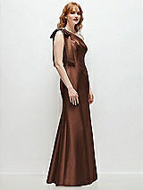 Rear View Thumbnail - Cognac Bow One-Shoulder Satin Trumpet Gown