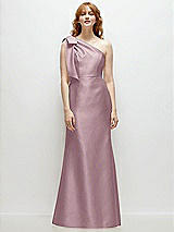 Front View Thumbnail - Dusty Rose Bow One-Shoulder Satin Trumpet Gown