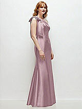 Rear View Thumbnail - Dusty Rose Bow One-Shoulder Satin Trumpet Gown