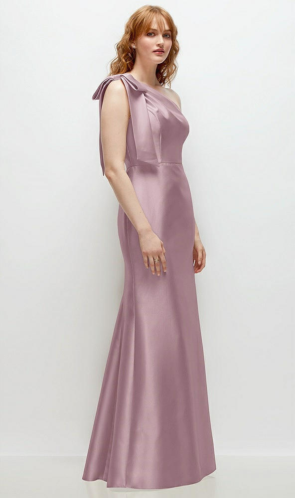 Back View - Dusty Rose Bow One-Shoulder Satin Trumpet Gown