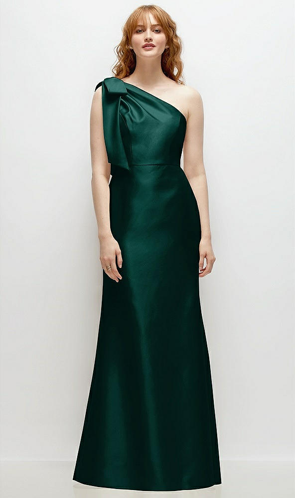 Front View - Evergreen Bow One-Shoulder Satin Trumpet Gown