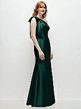 Rear View Thumbnail - Evergreen Bow One-Shoulder Satin Trumpet Gown