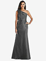 Alt View 1 Thumbnail - Gunmetal Bow One-Shoulder Satin Trumpet Gown