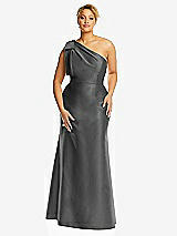 Alt View 4 Thumbnail - Gunmetal Bow One-Shoulder Satin Trumpet Gown