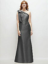 Front View Thumbnail - Gunmetal Bow One-Shoulder Satin Trumpet Gown