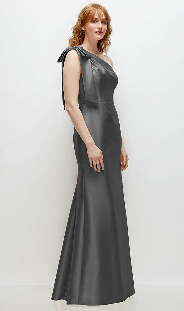 Back View - Gunmetal Bow One-Shoulder Satin Trumpet Gown