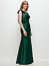 Rear View Thumbnail - Hunter Green Bow One-Shoulder Satin Trumpet Gown