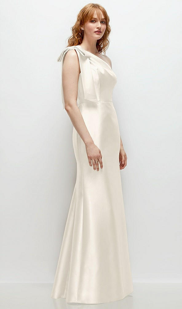 Back View - Ivory Bow One-Shoulder Satin Trumpet Gown