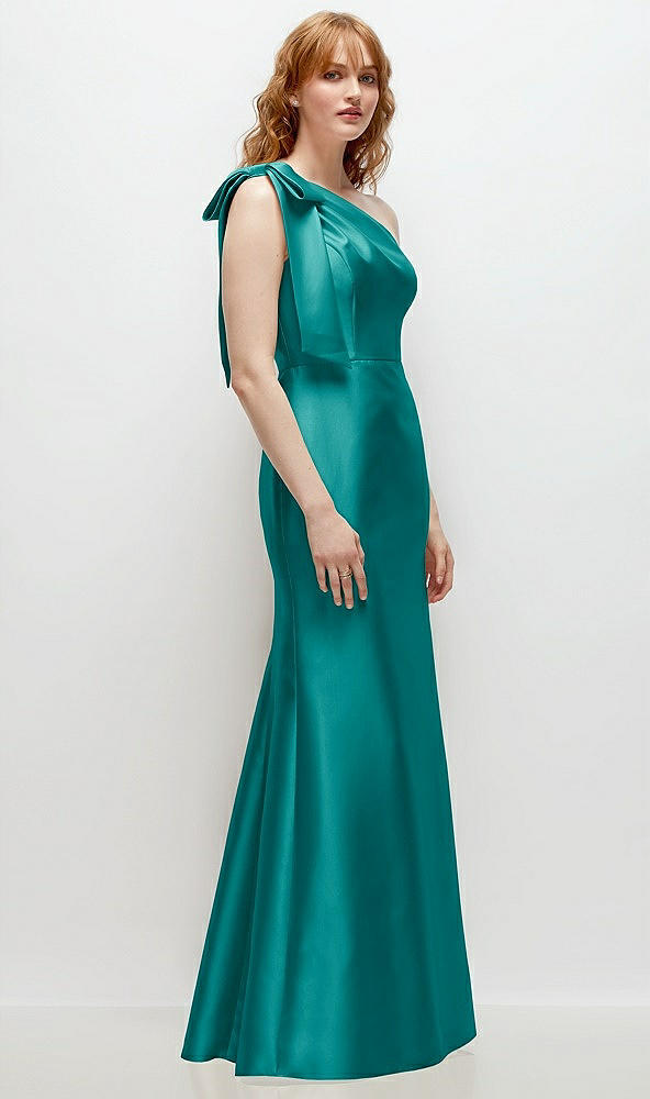 Back View - Jade Bow One-Shoulder Satin Trumpet Gown